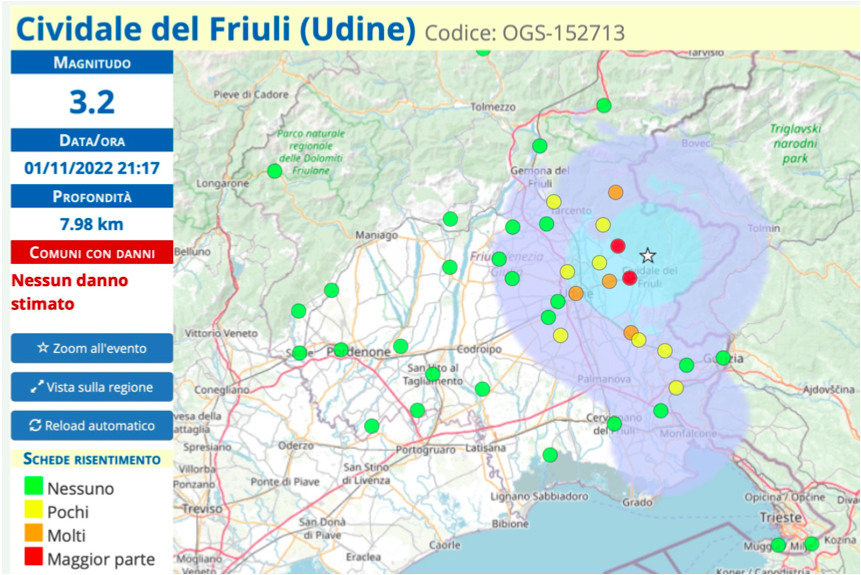 Scossa di terremoto di magnitudo 3.2 registrata vicino Cividale